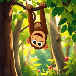 In a vibrant forest, a cute brown monkey is hanging upside down from a tree, joyfully munching on a big piece of chocolate