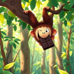 In a vibrant forest, a cute brown monkey is hanging upside down from a tree, joyfully munching on a big piece of chocolate