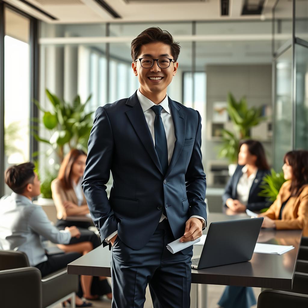 A stylish and confident 32-year-old Korean boss in a modern office setting