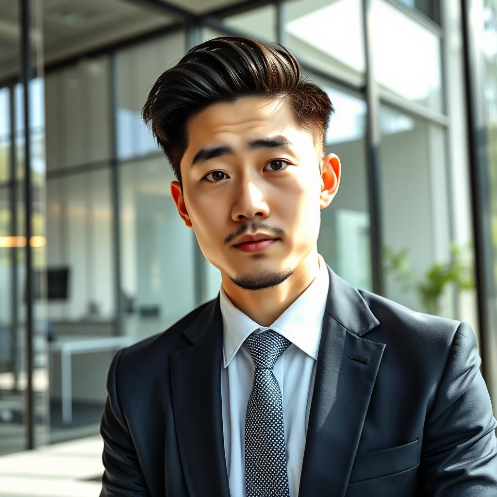 A focused and charismatic Korean male boss, aged 32, with carefully styled black hair and a well-groomed beard, raising one eyebrow in a slight expression of curiosity or skepticism