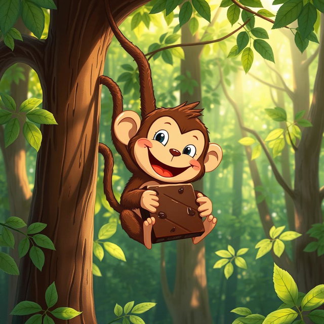 In a lush forest, a charming brown monkey hangs from a tree by its tail, gleefully enjoying a large piece of chocolate