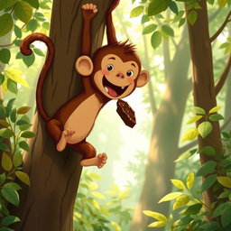 In a lush forest, a charming brown monkey hangs from a tree by its tail, gleefully enjoying a large piece of chocolate