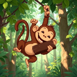 In a lush forest, a charming brown monkey hangs from a tree by its tail, gleefully enjoying a large piece of chocolate