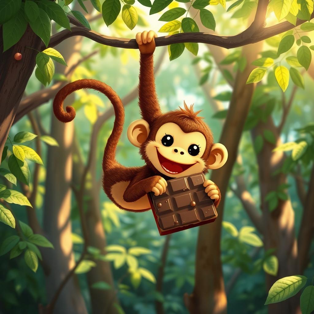 In a lush forest, a charming brown monkey hangs from a tree by its tail, gleefully enjoying a large piece of chocolate