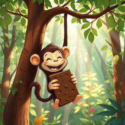 In a vibrant forest, a delightful brown monkey hangs from a tree by its tail, happily munching on a large piece of chocolate