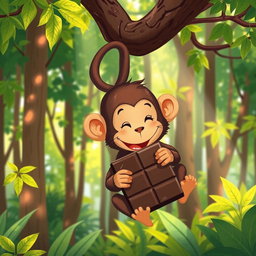 In a vibrant forest, a delightful brown monkey hangs from a tree by its tail, happily munching on a large piece of chocolate