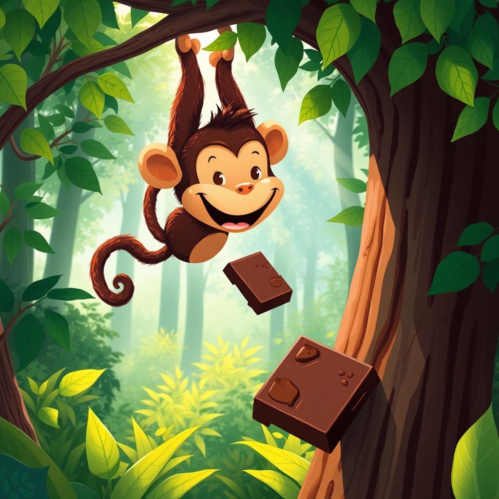 In a vibrant forest, a delightful brown monkey hangs from a tree by its tail, happily munching on a large piece of chocolate