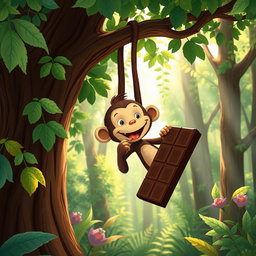 In a vibrant forest, a delightful brown monkey hangs from a tree by its tail, happily munching on a large piece of chocolate