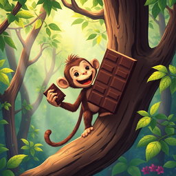 In a lush, enchanting forest, a delightful brown monkey stands atop a tree branch, happily enjoying a large piece of chocolate