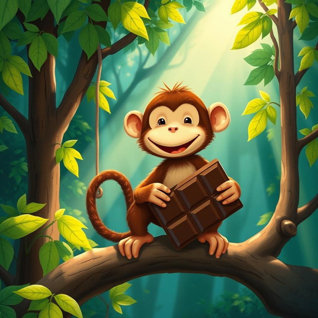 In a lush, enchanting forest, a delightful brown monkey stands atop a tree branch, happily enjoying a large piece of chocolate