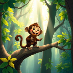 In a lush, enchanting forest, a delightful brown monkey stands atop a tree branch, happily enjoying a large piece of chocolate