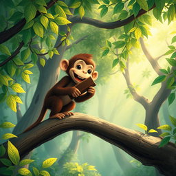In a lush, enchanting forest, a delightful brown monkey stands atop a tree branch, happily enjoying a large piece of chocolate