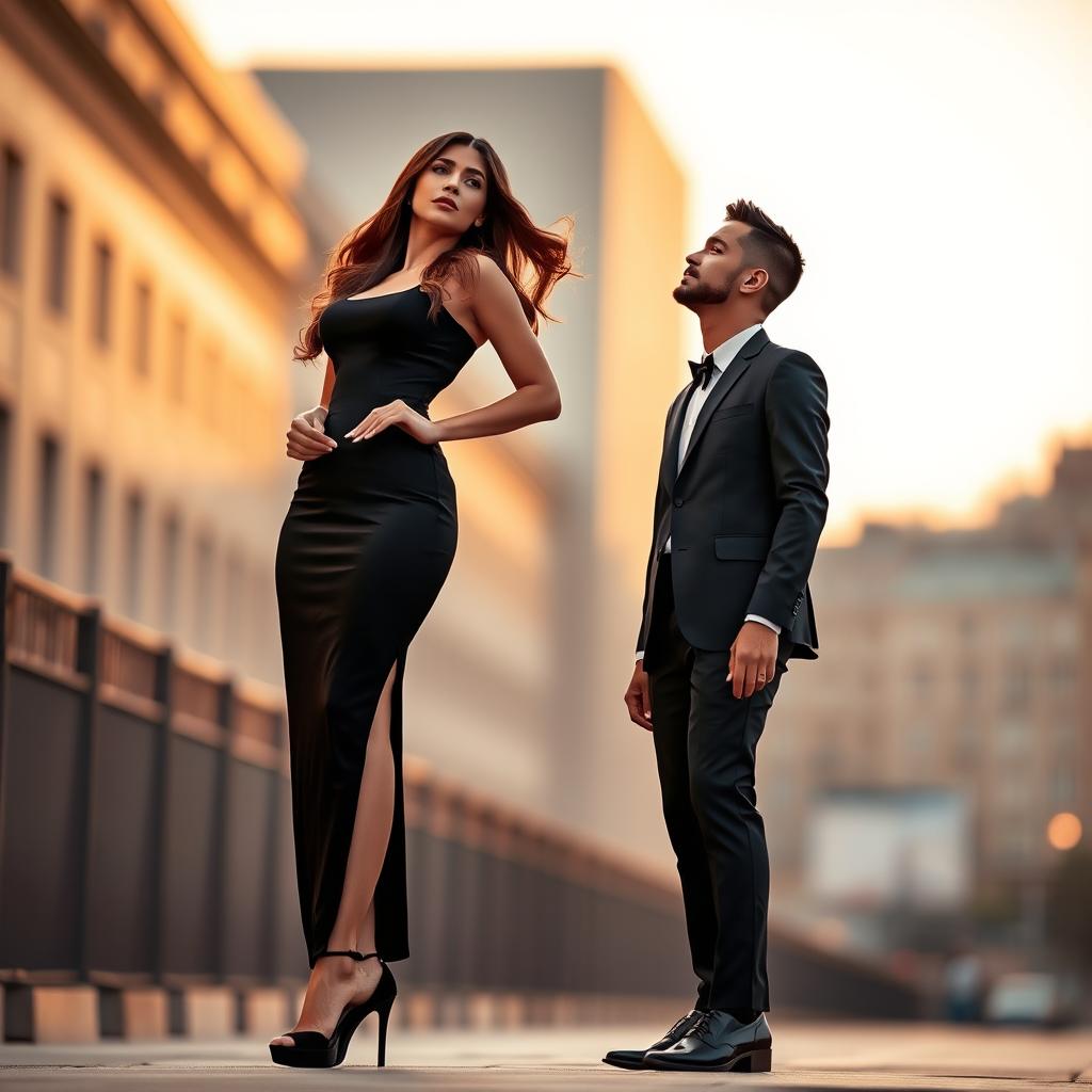 A tall, confident woman standing next to a shorter man, both dressed in elegant outfits