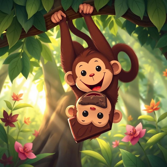 In a vibrant forest, a cute brown monkey hangs upside down from a tree branch, joyfully munching on a large piece of chocolate