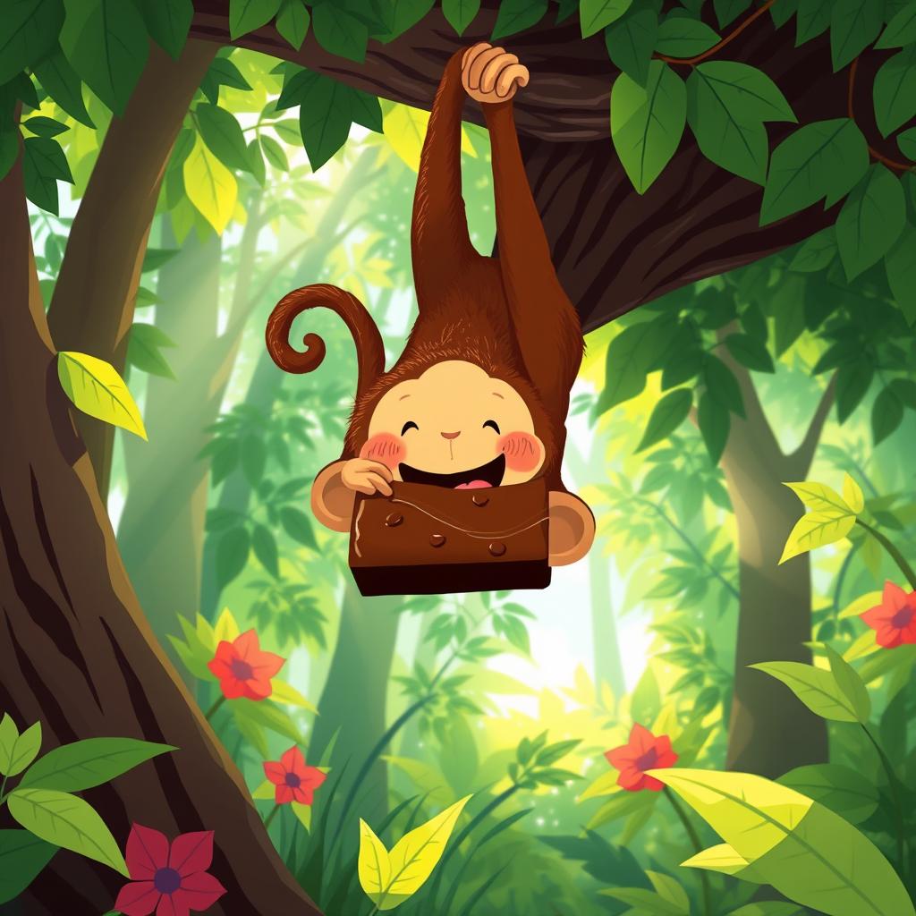 In a vibrant forest, a cute brown monkey hangs upside down from a tree branch, joyfully munching on a large piece of chocolate