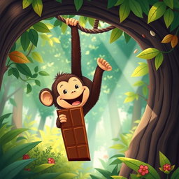 In a vibrant forest, a cute brown monkey hangs upside down from a tree branch, joyfully munching on a large piece of chocolate