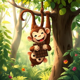 In a vibrant forest, a cute brown monkey hangs upside down from a tree with its tail, joyfully holding and eating a large piece of chocolate in its hands