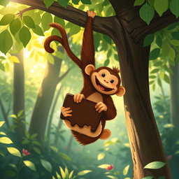 In a vibrant forest, a cute brown monkey hangs upside down from a tree with its tail, joyfully holding and eating a large piece of chocolate in its hands