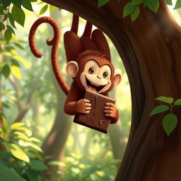 In a vibrant forest, a cute brown monkey hangs upside down from a tree with its tail, joyfully holding and eating a large piece of chocolate in its hands