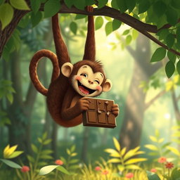 In a vibrant forest, a cute brown monkey hangs upside down from a tree with its tail, joyfully holding and eating a large piece of chocolate in its hands