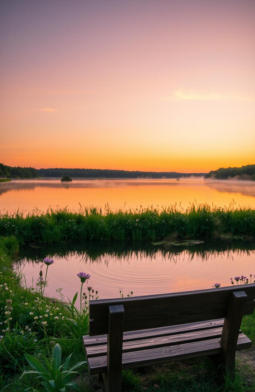 An enchanting aesthetic scene featuring a serene landscape at sunset