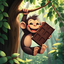 In a vibrant forest, a cute brown monkey hangs from a tree branch with one hand, while using the other hand to joyfully hold and eat a large piece of chocolate