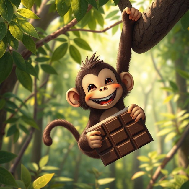 In a vibrant forest, a cute brown monkey hangs from a tree branch with one hand, while using the other hand to joyfully hold and eat a large piece of chocolate