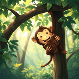 In a vibrant forest, a cute brown monkey hangs from a tree branch with one hand, while using the other hand to joyfully hold and eat a large piece of chocolate