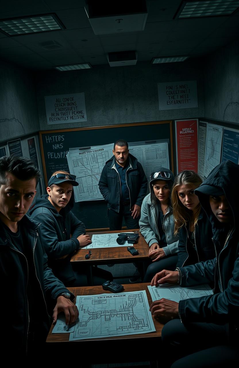A dramatic and intense scene set inside a dark, atmospheric school for criminals, featuring students of various backgrounds engaged in learning about heisting techniques and escape artistry