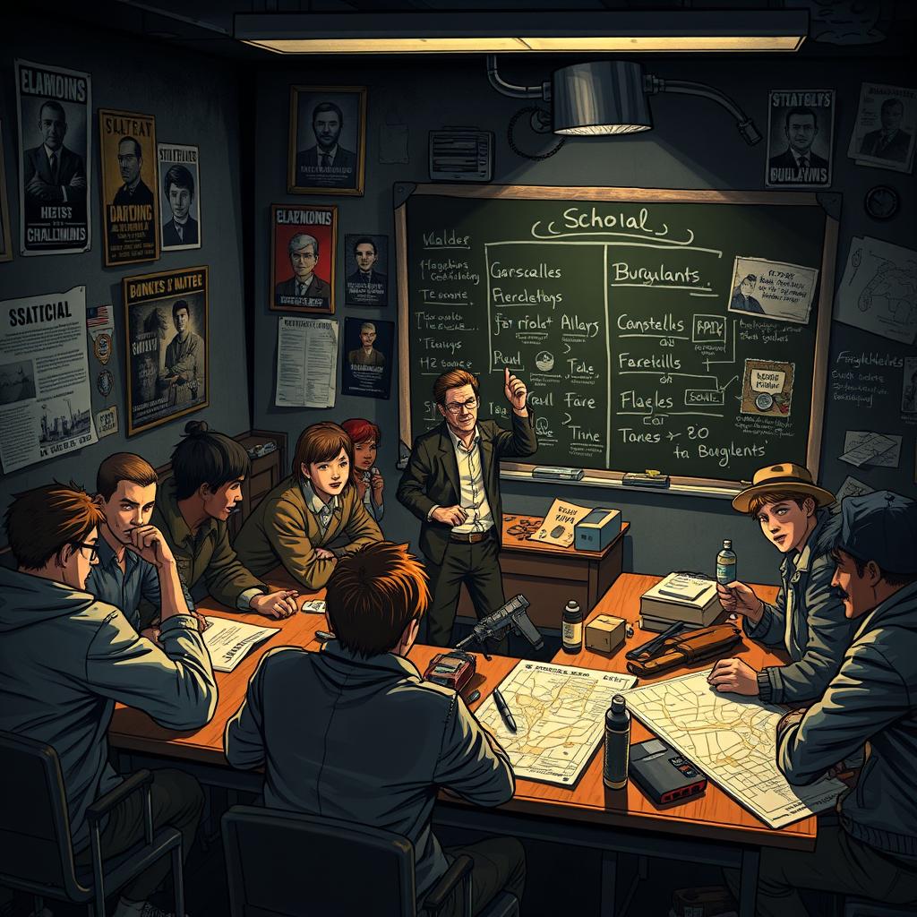 A captivating and gritty illustration of a 'School for Criminals', showcasing a diverse group of students engaged in various illicit activities inside a dimly lit classroom