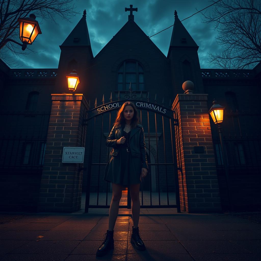 An evocative image of a 'School for Criminals' with a young woman standing confidently at the gate