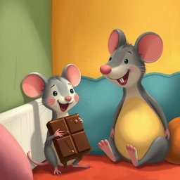 In the corner of a cozy room, a cute little mouse happily holds and eats a large piece of chocolate, while a larger mouse looks on with a joyful smile