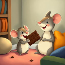 In the corner of a cozy room, a cute little mouse happily holds and eats a large piece of chocolate, while a larger mouse looks on with a joyful smile