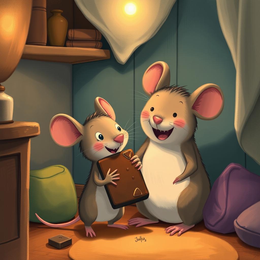 In the corner of a cozy room, a cute little mouse happily holds and eats a large piece of chocolate, while a larger mouse looks on with a joyful smile
