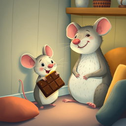 In the corner of a cozy room, a cute little mouse happily holds and eats a large piece of chocolate, while a larger mouse looks on with a joyful smile