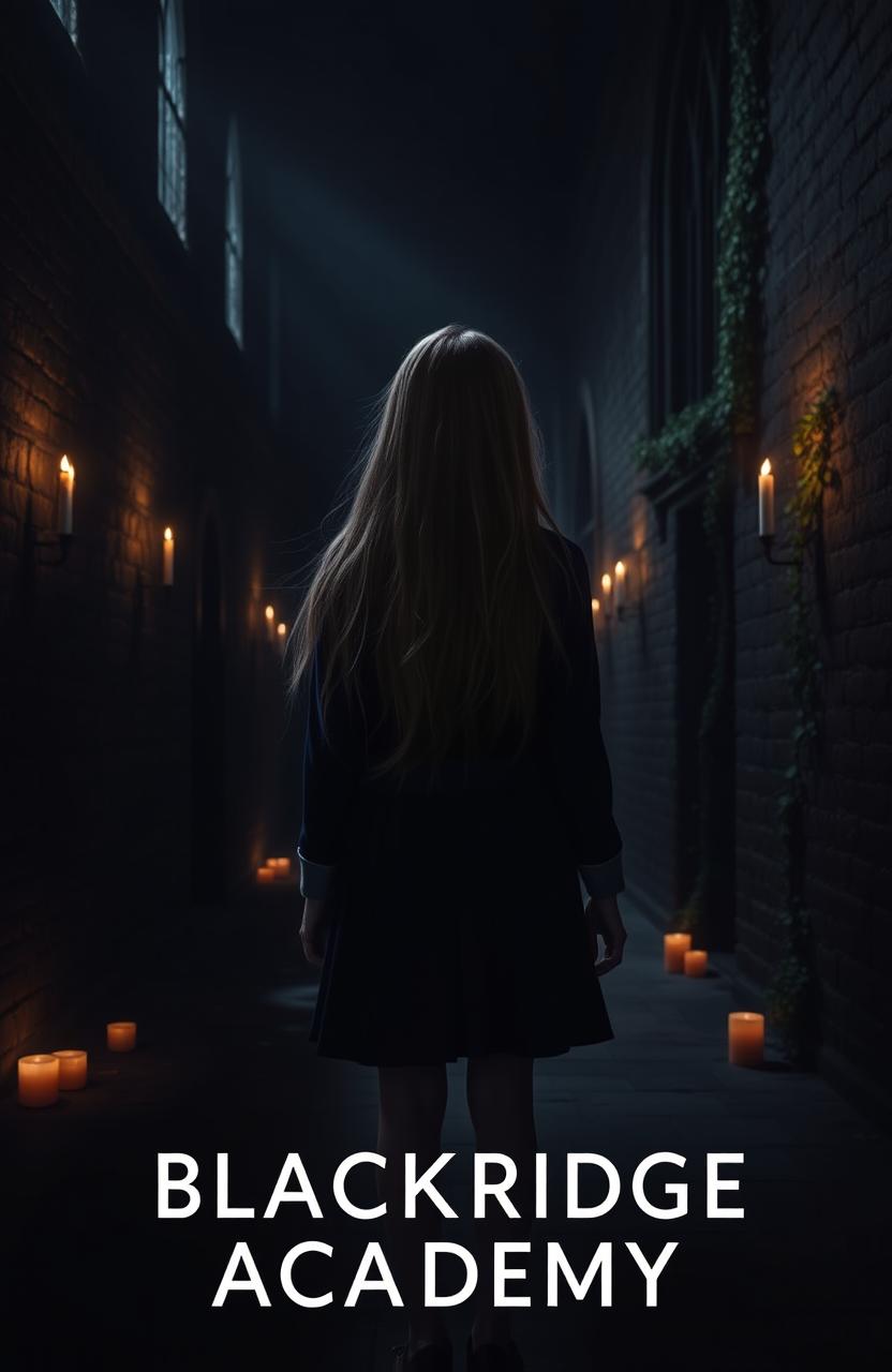 A girl standing turned away from the viewer in a dark and mysterious school setting at Blackridge Academy, with shadows casting across the stone architecture