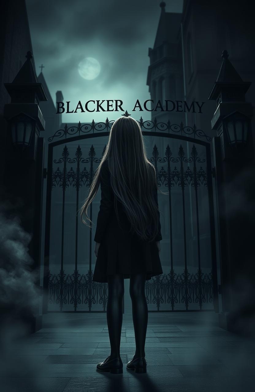 A girl standing turned away at the gate of Blackridge Academy, shrouded in darkness and mystery