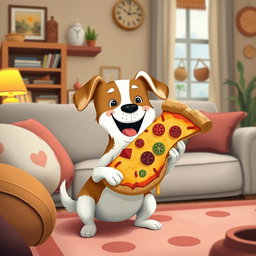 In a cozy living room, a cute little dog is happily holding and eating a large slice of pizza
