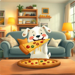 In a cozy living room, a cute little dog is happily holding and eating a large slice of pizza