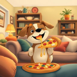 In a cozy living room, a cute little dog is happily holding and eating a large slice of pizza