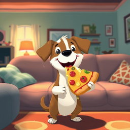 In a cozy living room, a cute little dog is happily holding and eating a large slice of pizza