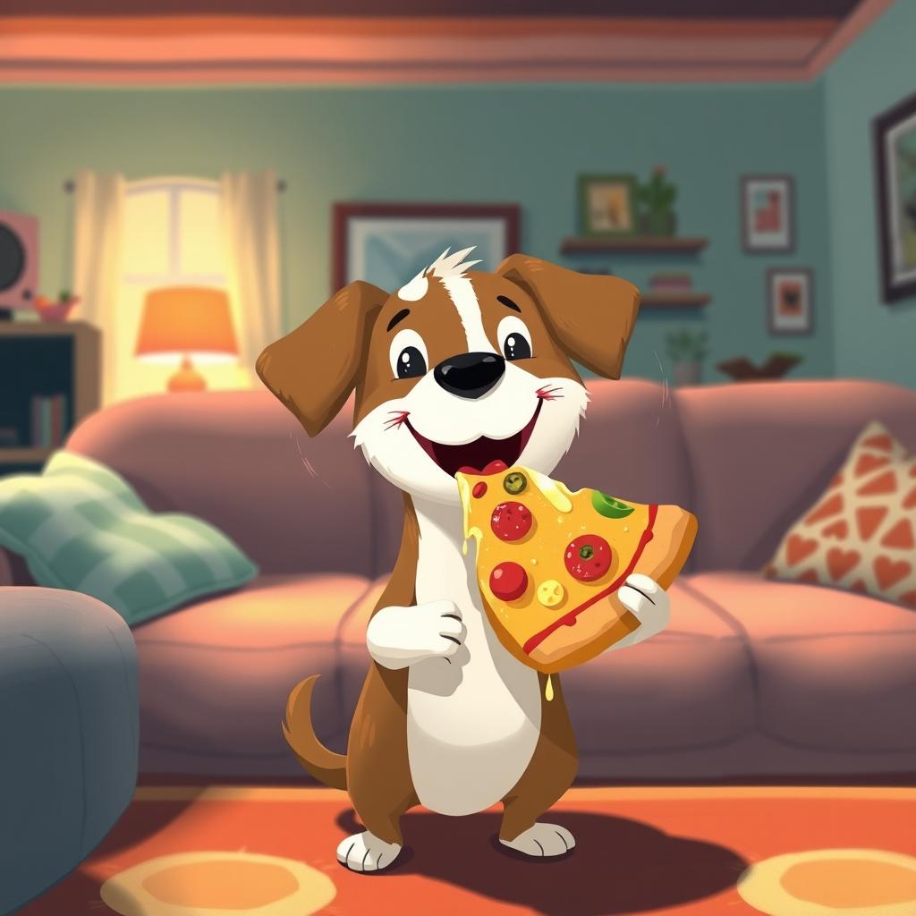 In a cozy living room, a cute little dog is happily holding and eating a large slice of pizza