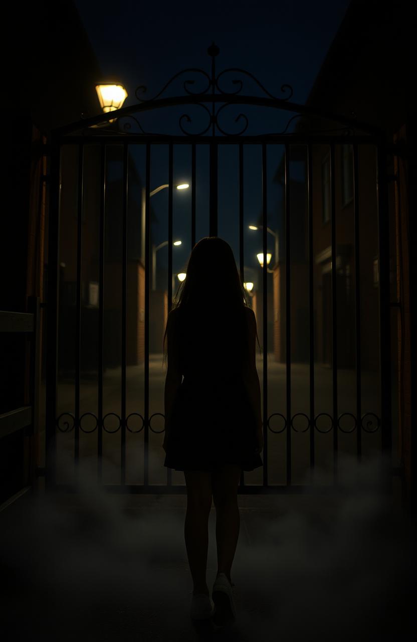 A girl standing turned away at a school gate during a dark and mysterious evening