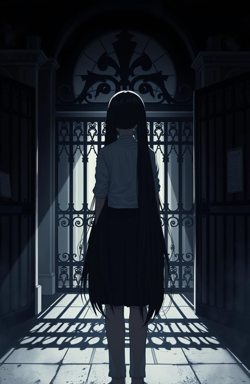 A girl standing turned away at a school gate, the scene is dark and mysterious
