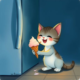 At night, next to a refrigerator, a cute little kitten is happily holding and eating an ice cream cone