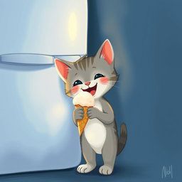 At night, next to a refrigerator, a cute little kitten is happily holding and eating an ice cream cone