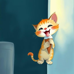 At night, next to a refrigerator, a cute little kitten is happily holding and eating an ice cream cone