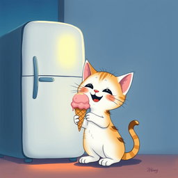At night, next to a refrigerator, a cute little kitten is happily holding and eating an ice cream cone