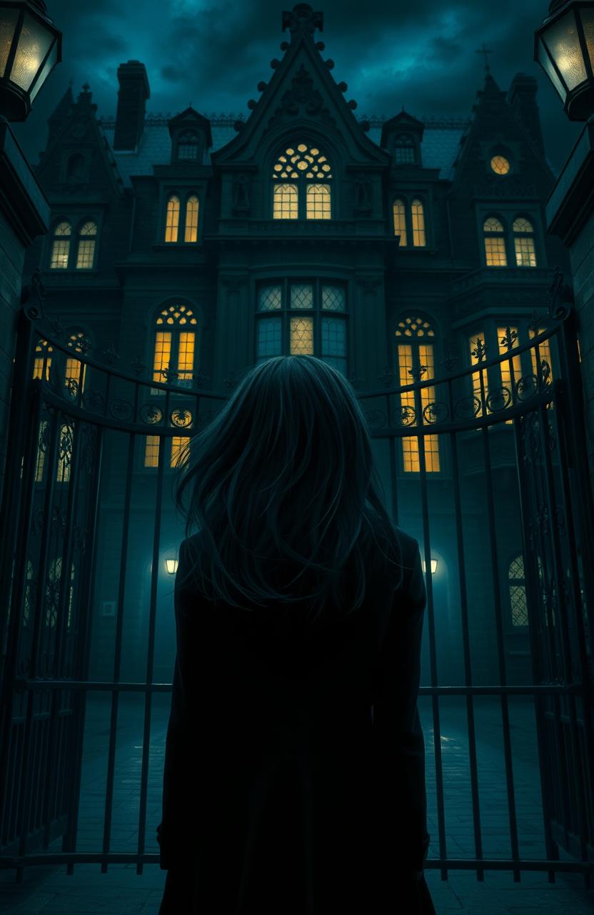 A girl standing turned away at a school gate, shrouded in darkness and mystery