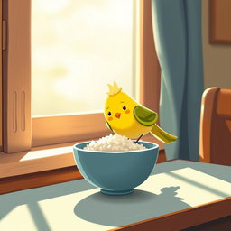 A cute little bird has landed on the dining table next to a window, happily pecking at a bowl of rice